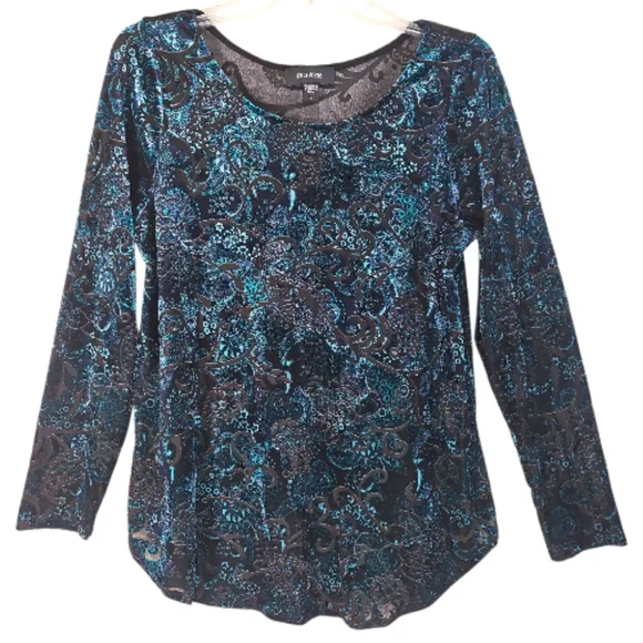 Karen Kane Blue & Black Velvet Burn-out Paisley Long Sleeve Top Size L - Picture 1 of 6